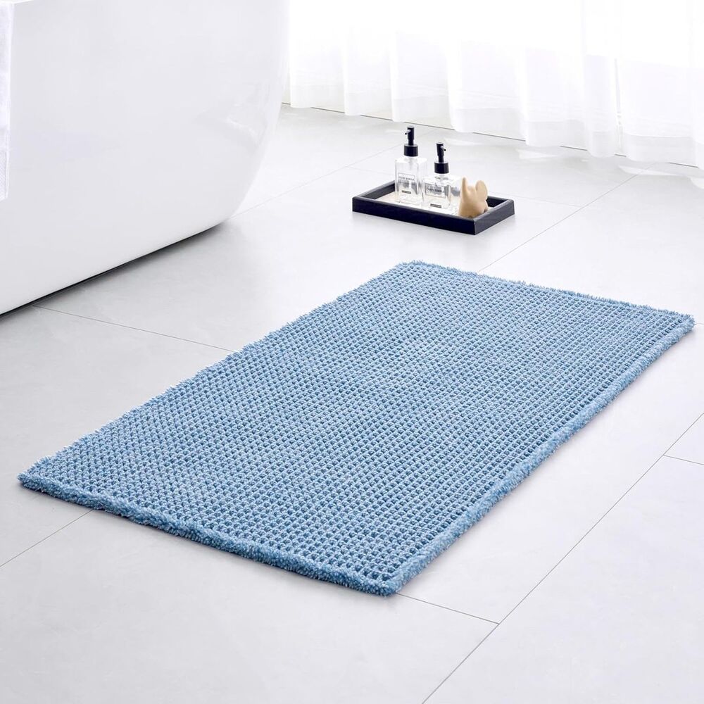 Light Blue Waffle Bath Mat 48x24 Non Slip Absorbent Washable Boho Rug Tassels